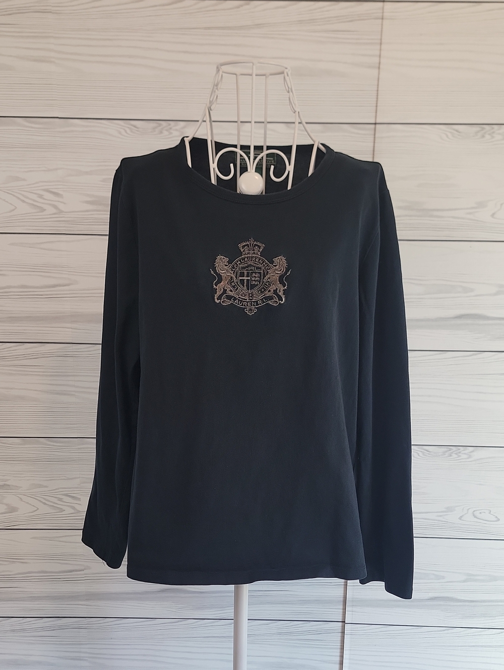 Ralph Lauren Top Long-Sleeve Navy Crest Logo 100% Cotton Womens Size L